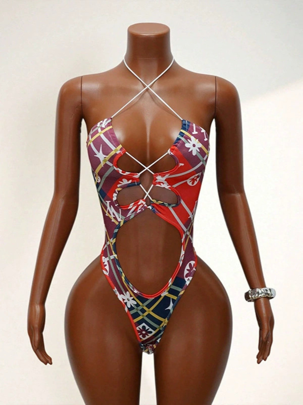 ZARA Womens Patchwork Hollow Out Sexy Halter Neck Bikini Bodysuit